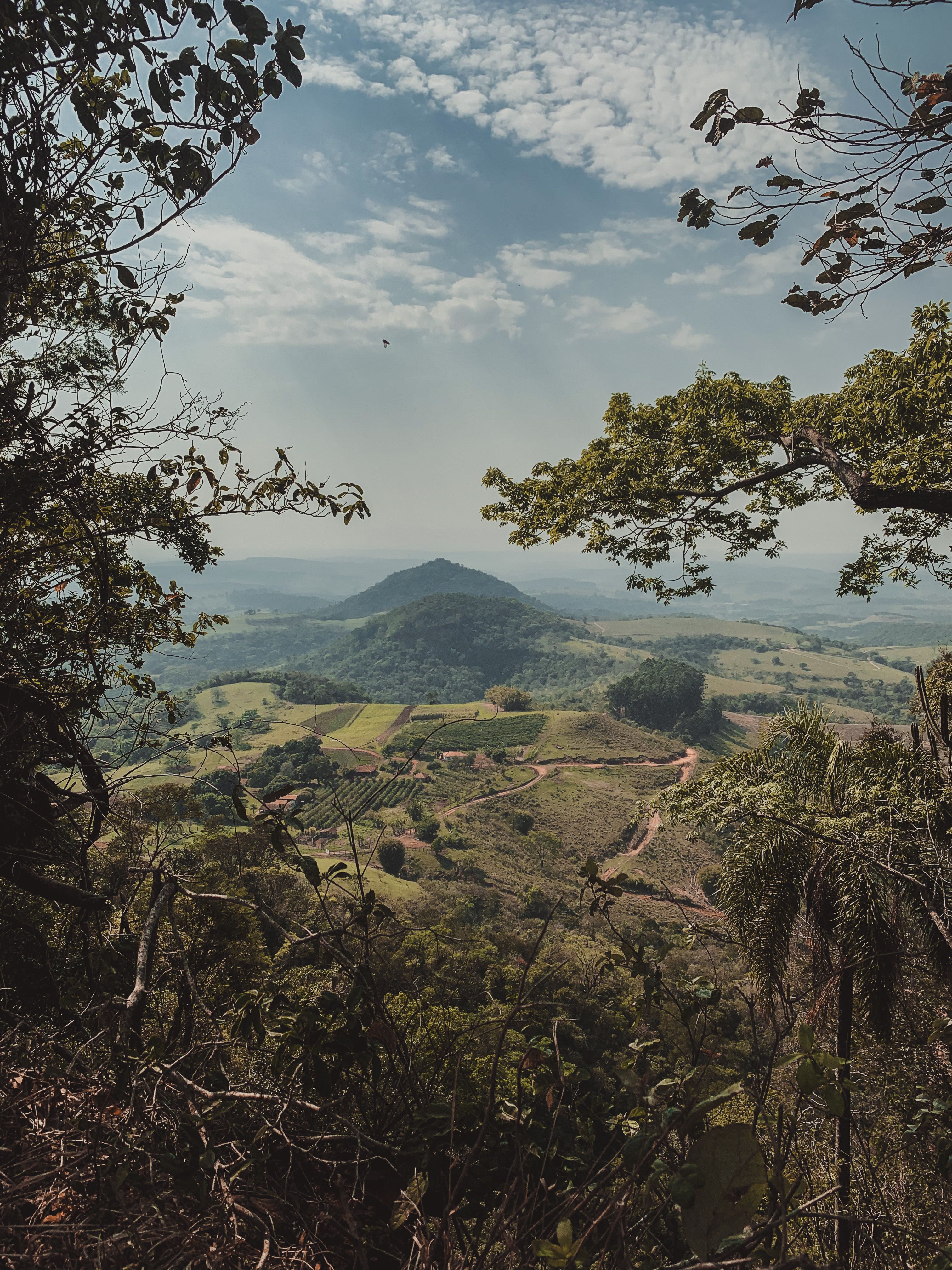 Vista aérea da paisagem rural de Botucatu, São Paulo, com colinas verdes, plantações e trilhas de terra entre a vegetação