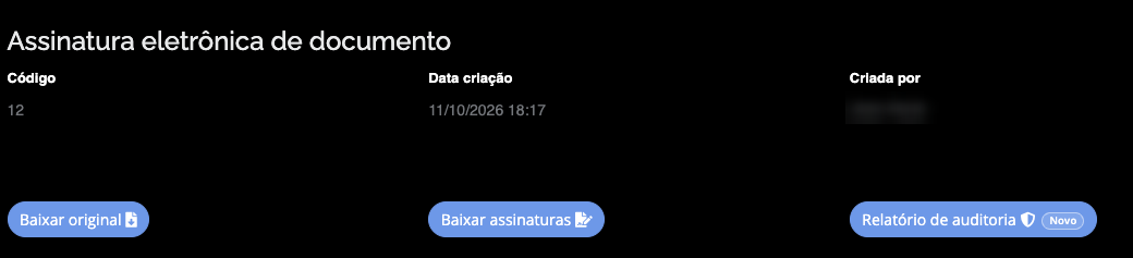 Tela do documento no app da Assine Mais com os botões Baixar original, Baixar assinaturas e Relatório de auditoria