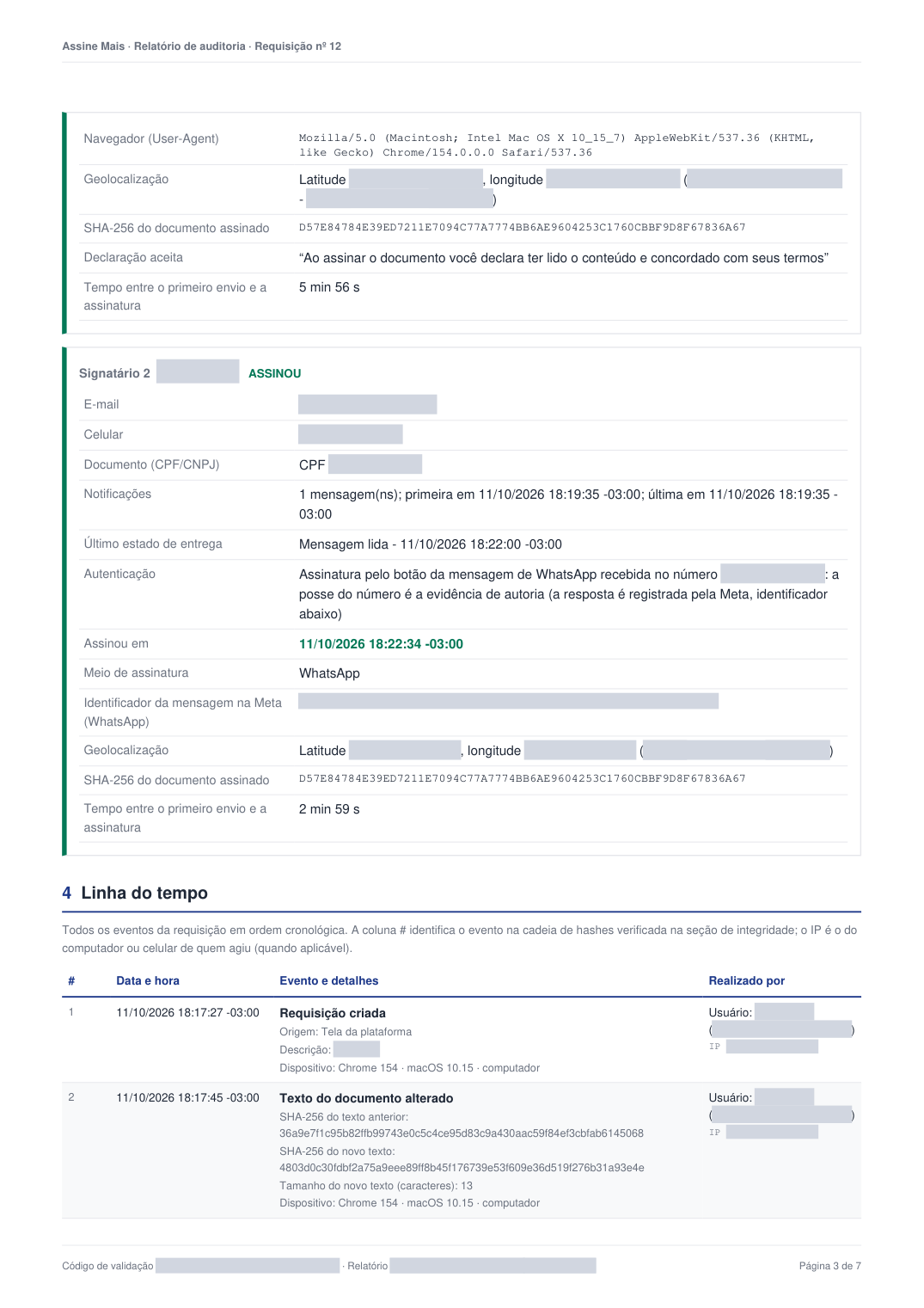 Página do relatório de auditoria com um signatário que assinou pelo botão do WhatsApp, mensagem lida, hash SHA-256 e linha do tempo