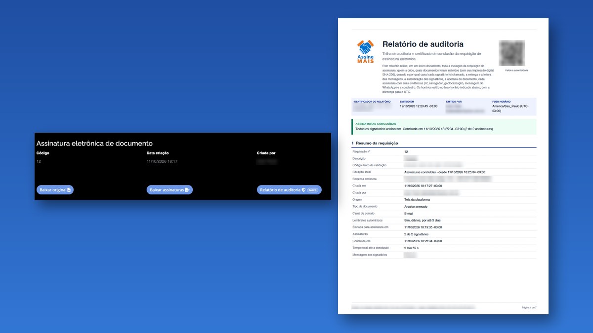 Tela de documento da Assine Mais com o botão Relatório de auditoria ao lado da primeira página do relatório em PDF, sobre fundo azul