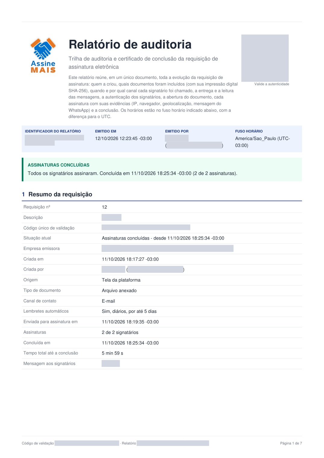 Primeira página do relatório de auditoria com o resumo da requisição de assinatura e o tempo total até a conclusão